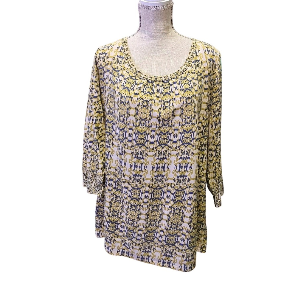 J. Jill Womens XL Blue Green White Damask Print 3/4 Sleeve Scoop Neck Tunic Top